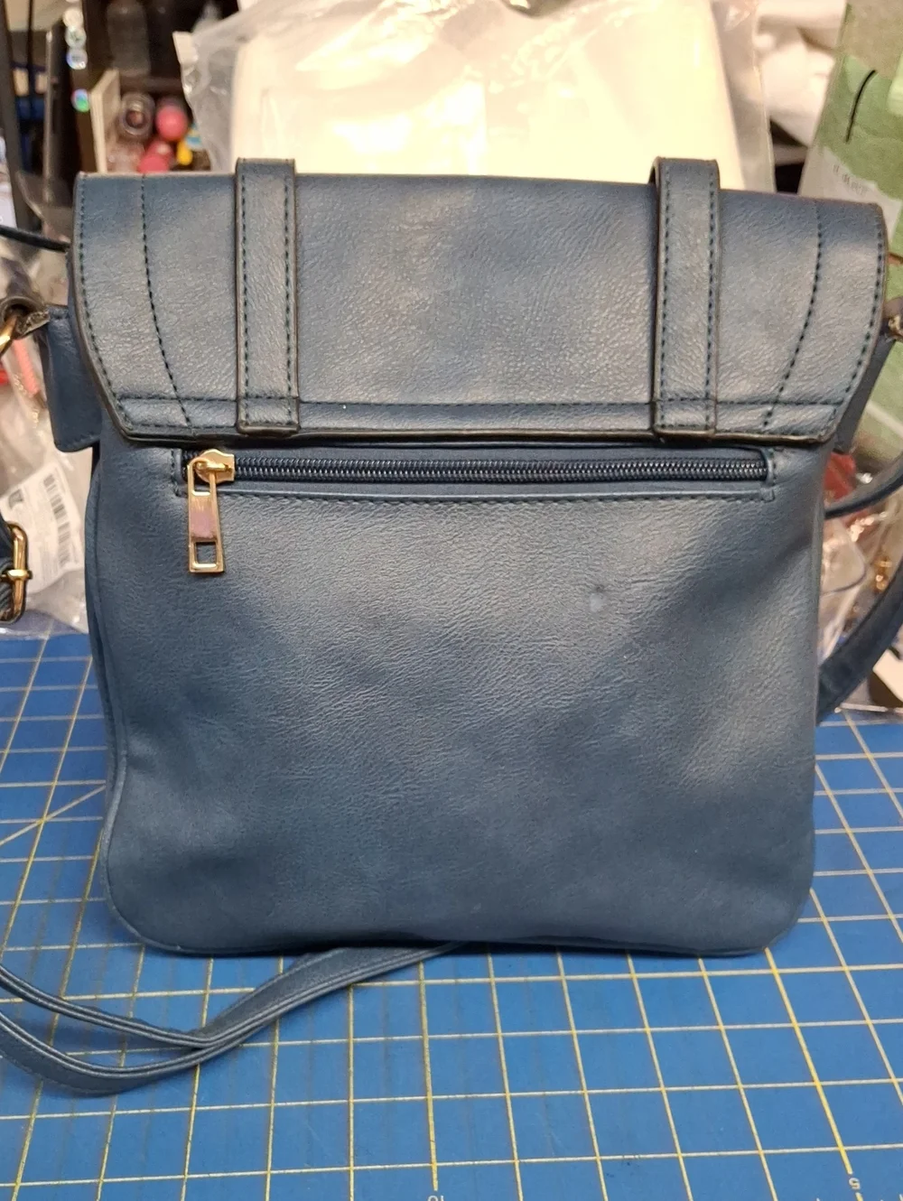 Blue Crossbody Shoulder Bag Multi Pockets Gold Hardware Preloved 10x1x1